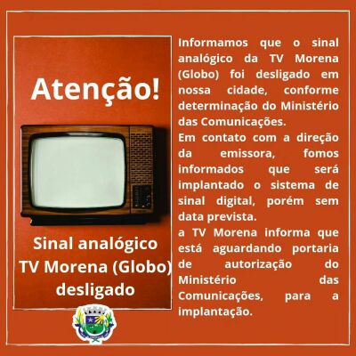 Imagem da notícia Sinal da TV Morena sai do ar e prefeitura emite comunicado em Alcinópolis